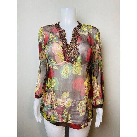 F. Lafayette 148 New York Silk Tunic 4 Embroidered Blouse Long Sleeve V Neck - Picture 3 of 7